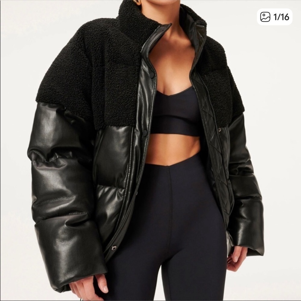Good American Sherpa Faux Leather Puffer Jacket Black S
